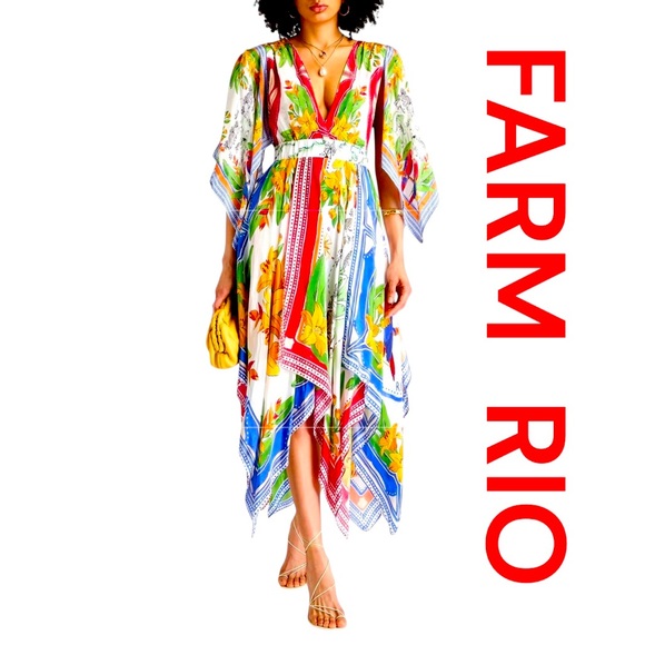 FARM RIO Off-White Tropical Destination Short Sleeve Midi Dress, Size S. - Picture 1 of 10
